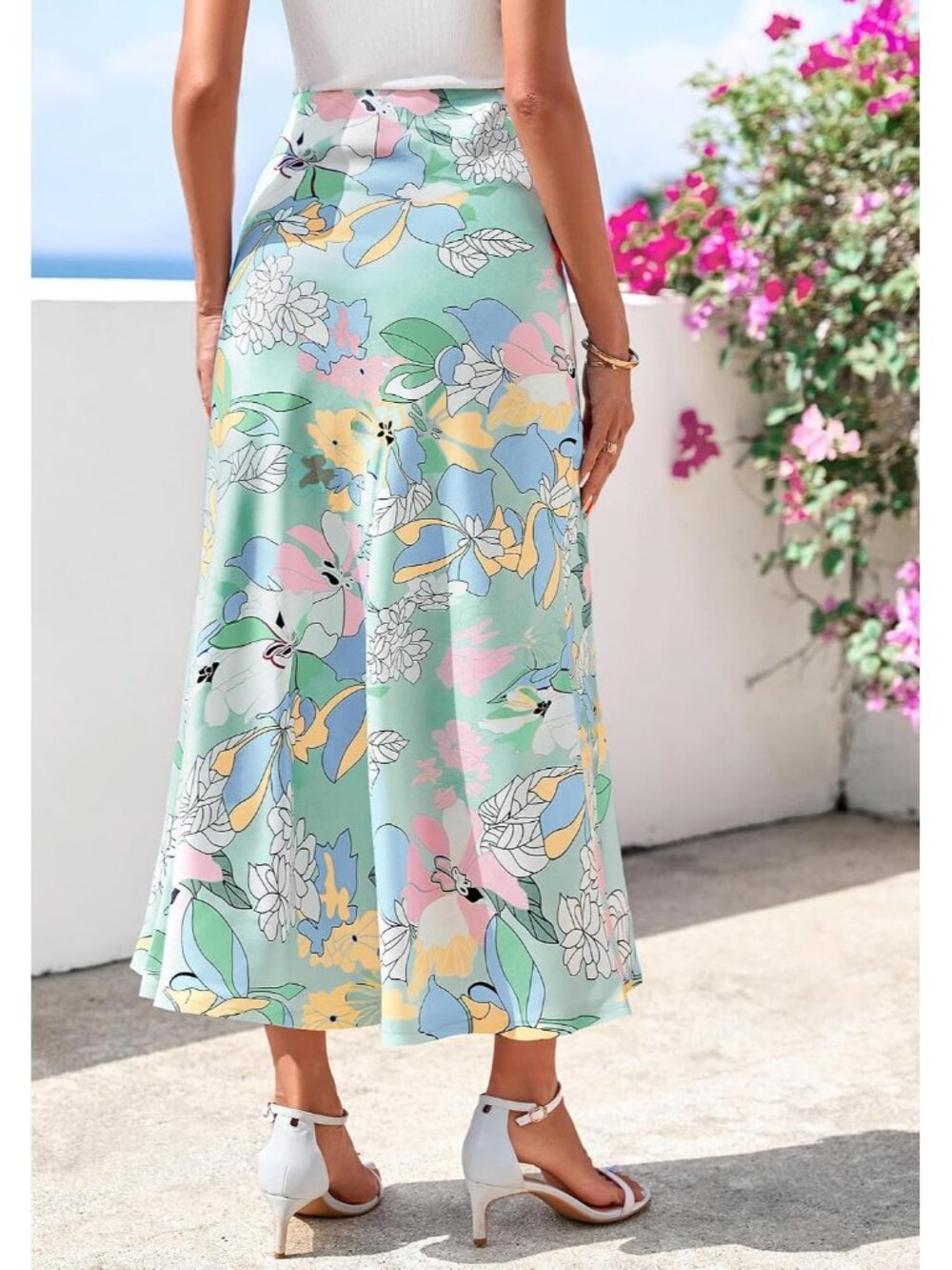 Women Big Floral Blue High Waisted A-Line Silky Flowy Bias Cut Satin Midi Skirt - Picture 3 of 6